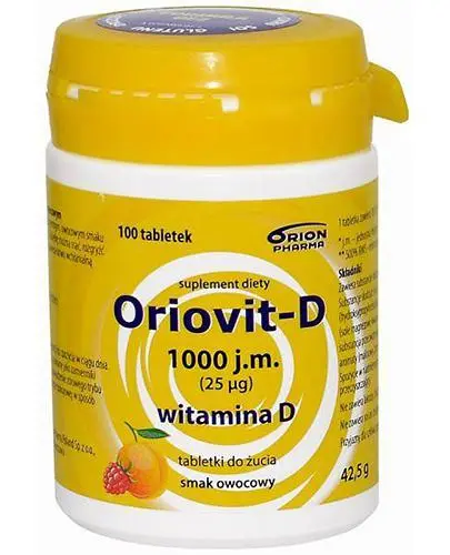 Oriovit-D 1000 j.m. (25 μg) smak owocowy, 100 tabletek - Zawiera łatwo wchłanialną witaminę D