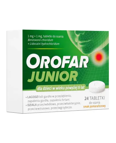 Orofar Junior tabletki do ssania, 24 sztuki - O działaniu przeciwbakteryjnym, przeciwgrzybiczym, przeciwwirusowym oraz przeciwbólowym