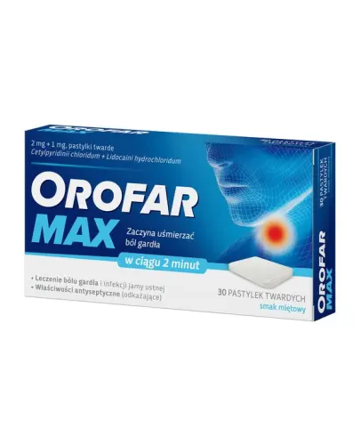 Orofar MAX, 2 mg + 1 mg,  30 pastylek twardych - Pastylki do ssania o właściwościach odkażających i łagodzących ból