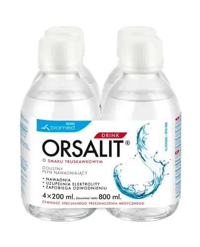 Orsalit Drink, płyn doustny, 4 x 200 ml - Gotowy doustny płyn nawadniający o truskawkowym smaku