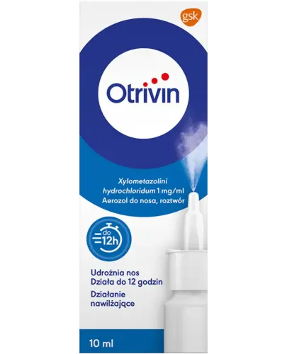 Otrivin 1 mg/ 1 ml, aerozol do nosa, 10 ml - Aerozol na katar i niedrożność nosa.