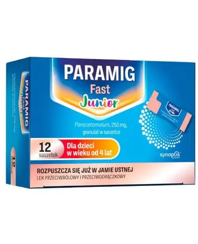 Paramig Fast Junior 250 mg, 12 saszetek - Granulat dla dzieci o działaniu przeciwbólowym i przeciwgorączkowym