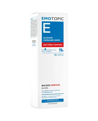 Emotopic Medical Bacteria Control, balsam do ciała, 200 ml - Łagodzi miejscowe stany zapalne AZS i zapobiega pojawianiu się wtórnych infekcji