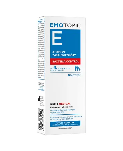 Emotopic Medical Bacteria Control, krem do twarzy i okolic oczu, 50 ml -  Łagodzi miejscowe stany zapalne atopowego zapalenia skóry i zapobiega pojawianiu się zaostrzeń