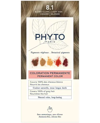 Phyto Color 8.1, farba do włosów,  jasny popielaty blond, 1 sztuka - Farba koloryzująca z pigmentami roślinnymi i odżywczymi olejkami.