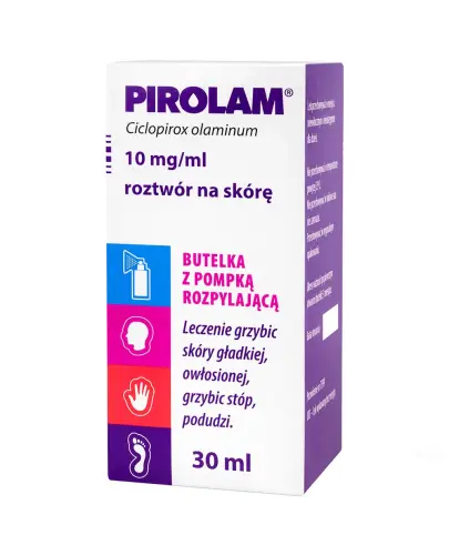 Pirolam 10 mg/ml, roztwór do stosowania na skórę, 30 ml - Z pompką rozpylającą na  grzybicę skóry i stóp