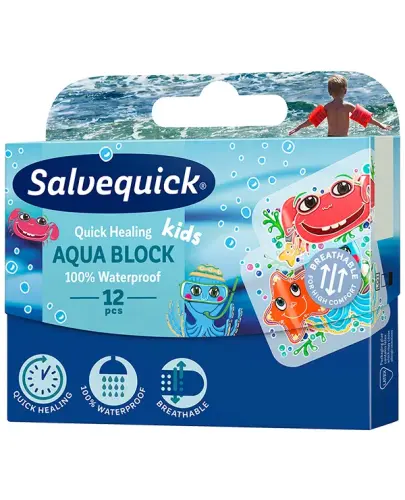 Salvequick Aqua Block Kids, plastry wodoodporne dla dzieci, 12 sztuk - Elastyczne, ultracienkie i hipoalergiczne