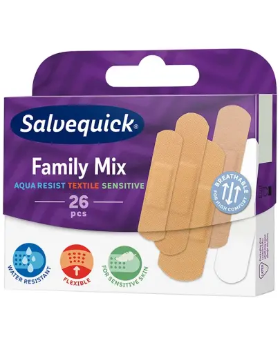 Salvequick Family Mix, plastry z opatrunkiem 26 sztuk - Elastyczne, oddychające i hipoalergiczne