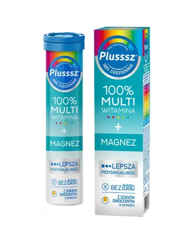 Plusssz 100% Multiwitamina + Magnez, 20 tabletek musujących - Suplement diety o smaku mango-pomarańcza