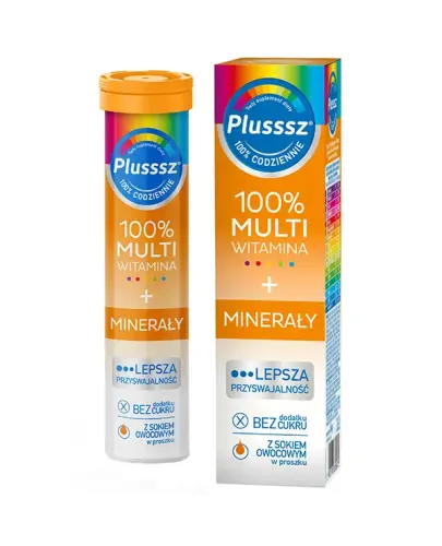 Plusssz 100% Multiwitamina + Minerały, 20 tabletek musujących - Suplement diety o smaku mango-pomarańcza