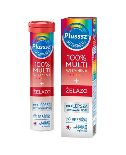 Plusssz 100% Multiwitamina + Żelazo, 20 tabletek musujących - Suplement diety o smaku wiśnia -pomarańcza