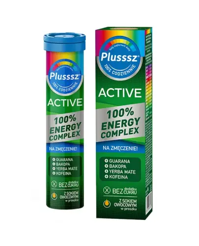 Plusssz Active 100% Energy Complex, 20 tabletek musujących - Tabletki musujące z witaminami, minerałami i guaraną