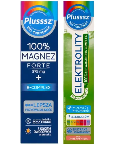 Plusssz Elektrolity 100% Ashwagandha, 24 tabetki musujące +100% Magnez Forte z B Complex, 20 tabletek musujących - Zestaw siedmiu elektrolitów, witamina C oraz ekstrakt z Ashwagandhy z magnezem i witamina B-complex