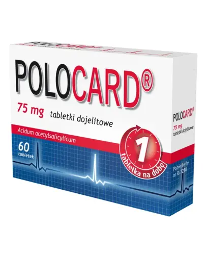 Polocard 75mg, 60 tabletek dojelitowych - Tabletki z kwasem acetylosalicylowym, profilaktyka chorób układu krążenia