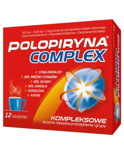 Polopiryna Complex 500 mg + 15,58 mg + 2 mg, proszek do sporządzania roztworu doustnego, 12 saszetek - Kompleksowe leczenie objawów przeziębienia i grypy