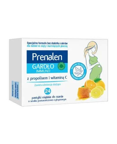 Prenalen Gardło Immuno, 24 pastylki do ssania - Zawierające suchy ekstrakt z propolisu oraz witaminę C, która przyczyniają się do prawidłowego funkcjonowania układu odpornościowego