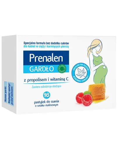 Prenalen Gardło, 16 pastylek do ssania - Zawierające suchy ekstrakt z propolisu oraz witaminę C, która przyczyniają się do prawidłowego funkcjonowania układu odpornościowego