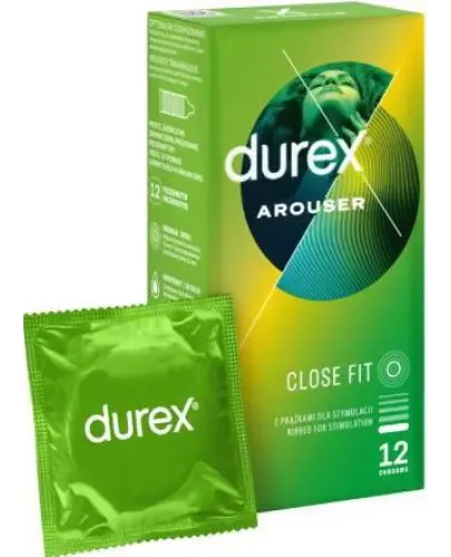 Durex Arouser, prezerwatywy prążkowane, 12 sztuk - Z naturalnego lateksu o zabarwieniu koralowym i przyjemniejszym zapachu, zakończone zbiorniczkiem