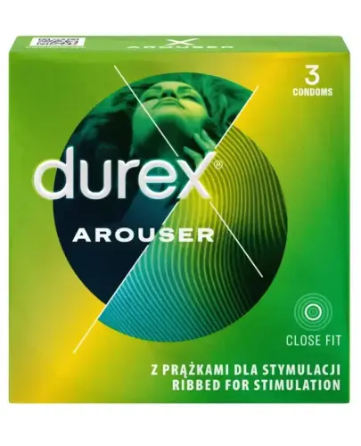 Durex Arouser, prezerwatywy prążkowane, 3 sztuki - Z naturalnego lateksu o zabarwieniu koralowym i przyjemniejszym zapachu, zakończone zbiorniczkiem