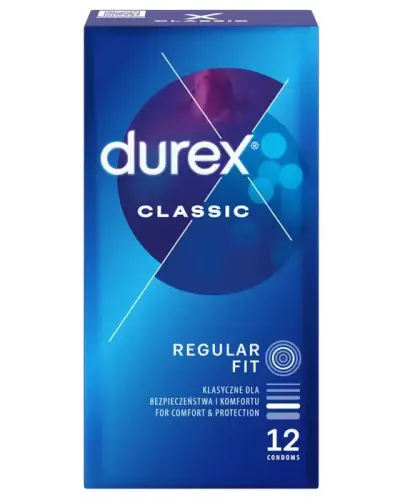 Durex Classic, prezerwatywy klasyczne gładkie, 12 sztuk - Z naturalnego lateksu o przyjemniejszym zapachu