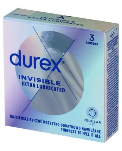 Durex Invisible, prezerwatywy supercienkie,  3 sztuki - Przezroczyste z naturalnego lateksu o przyjemnym zapachu