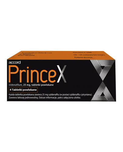 Princex 25 mg, 4 tabletki powlekane - W leczeniu zaburzeń wzwodu u dorosłych mężczyzn