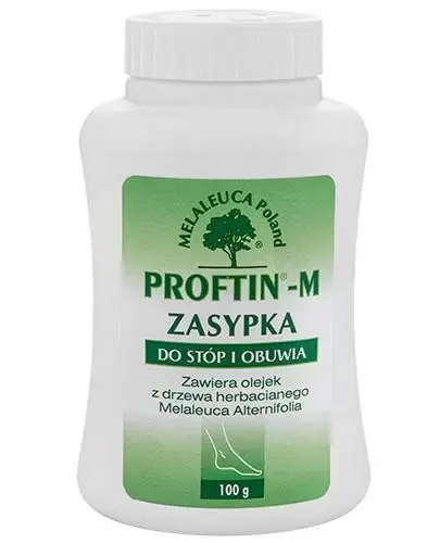 Proftin-M Zasypka do stóp i obuwia, 100 g - Przeznaczona do zapobiegania rozwojowi grzybic skóry stóp oraz chorób bakteryjnych