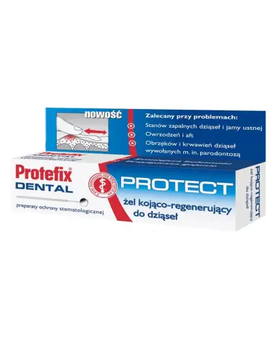 Protefix Dental Protect, żel kojąco-regenerujący do dziąseł, 10 ml - Łagodzi stany zapalne w jamie ustnej, przyśpiesza gojenie. Dla osób noszących protezy zębowe.