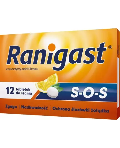 Ranigast S-O-S, 12 tabletek do ssania - Tabletki do ssania do stosowania w celu łagodzenia objawów refluksu żołądkowo-przełykowego.