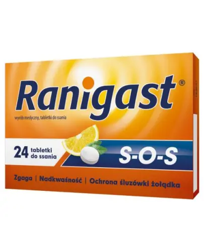 Ranigast S-O-S, 24 tabletki do ssania - Tabletki do ssania do stosowania w celu łagodzenia objawów refluksu żołądkowo-przełykowego.