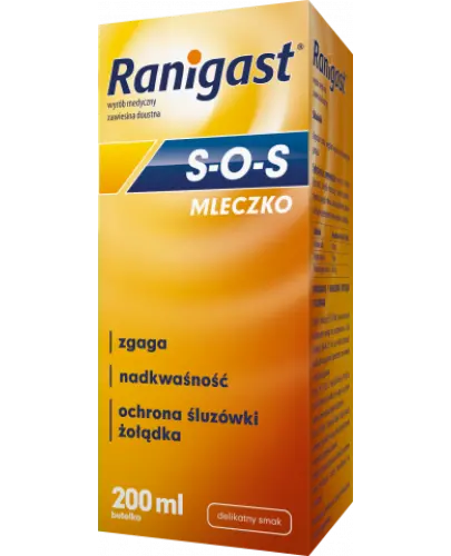 Ranigast S-O-S Mleczko, 200 ml - Zawiesina doustna, która łagodzi objawy refluksu żołądkowo-przełykowego, jednocześnie chroniąc śluzówkę żołądka.