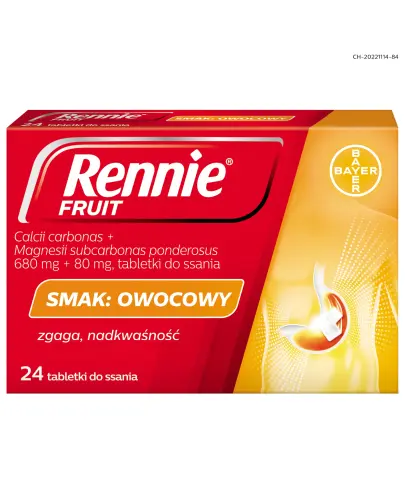 Rennie Fruit tabletki do ssana, 24 sztuki - Tabletki do ssania zobojętniające nadmiar kwasu solnego w żołądku