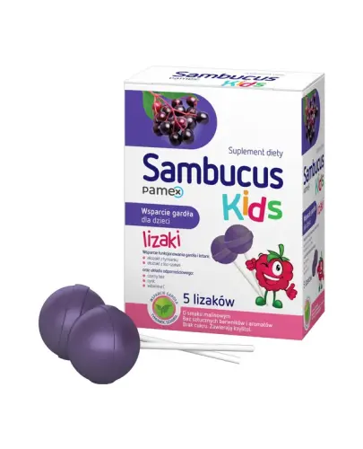 Sambucus Kids, lizaki o smaku malinowym, 5 sztuk - Bez sztucznych barwników i aromatów