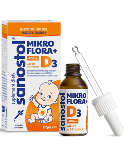 Sanostol Mikroflora + D3, 8 ml - Probiotyk i witamina D3 dla niemowląt od pierwszego dnia życia