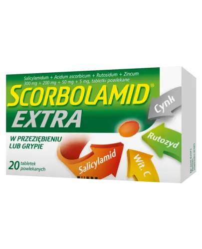 Scorbolamid EXTRA, 20 tabletek - Salicylamidum + Acidum ascorbicum + Rutosidum + Zinci gluconas, tabletki powlekane