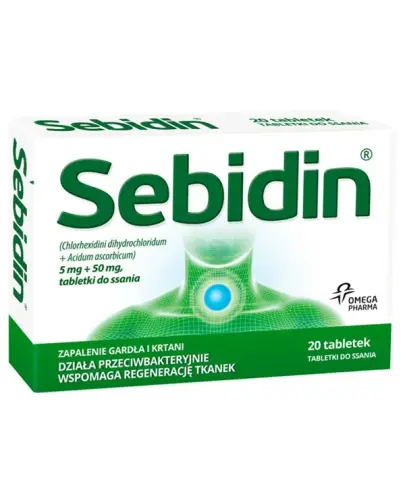 Sebidin, 20 tabletek do ssania - Acidum ascorbicum + Chlorhexidini dihydrochloridum 50 mg + 5 mg, tabletki do ssania