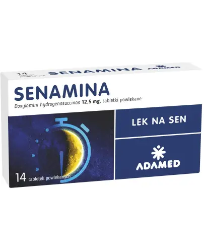 Senamina 12,5 mg, 14 tabletek powlekanych - Każda tabletka powlekana zawiera 12,5 mg doksylaminy wodorobursztynianu