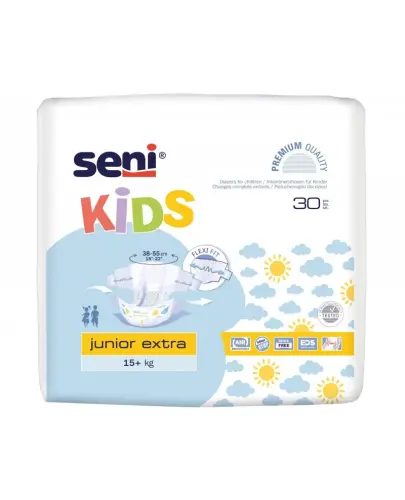 Seni Kids Junior Extra Pieluchomajtki 15-30 kg, 30 sztuk - Dla dzieci z inkontynencją, które wyrosły już z tradycyjnych dziecięcych pieluszek