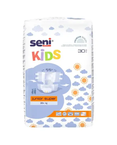 Seni Kids Junior Super Pieluchomajtki 20+ kg, 30 sztuk - Dla dzieci, dla których najmniejsze rozmiary pieluchomajtek Super Seni są zbyt duże