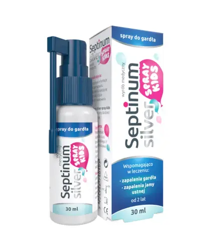 Septinum Silver Kids, spray do gardła, 30 ml - Spray z nanosrebrem i wyciągiem z porostu islandzkiego, wspomagania leczenie zapalenia gardła, jamy ustnej i migdałków