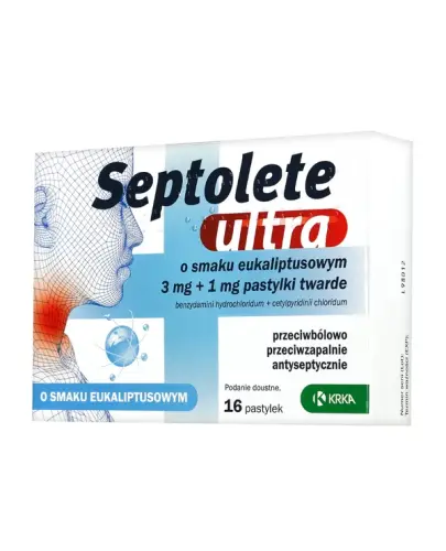 Septolete ultra o smaku eukaliptusowym, 16 pastylek - Każda pastylka twarda zawiera 3 mg chlorowodorku benzydaminy i 1 mg chlorku cetylopirydyniowego