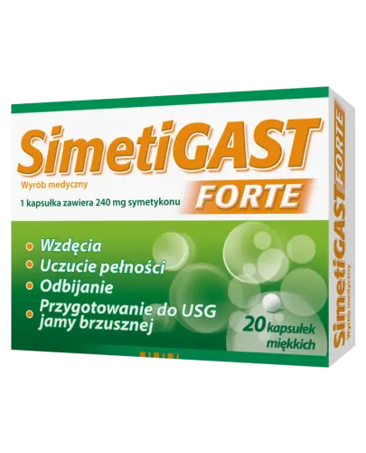 SimetiGast Forte 240 mg, 20 kapsułek elastycznych - Kapsułki z simetykonem łagodzą wzdęcia, uczucie pełności, odbijanie