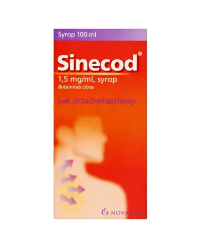 Sinecod 1,5 mg/ ml, 100 ml - Jeden ml syropu zawiera 1,5 mg butamiratu cytrynianu (Butamirati citras)