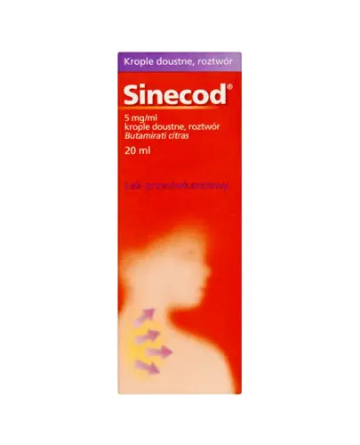 Sinecod 5 mg/1 ml, 20 ml - Jeden ml roztworu (20 kropli) zawiera 5 mg butamiratu cytrynianu (Butamirati citras)