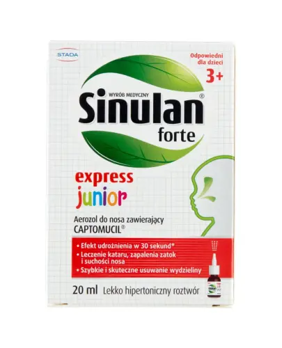 Sinulan Express Forte Junior, spray do nosa, 20 ml - Aerozol dla dzieci 3. roku życia, zmniejsza lepkość śluzu, wspomaga usuwanie wydzieliny i udrożnianie nosa