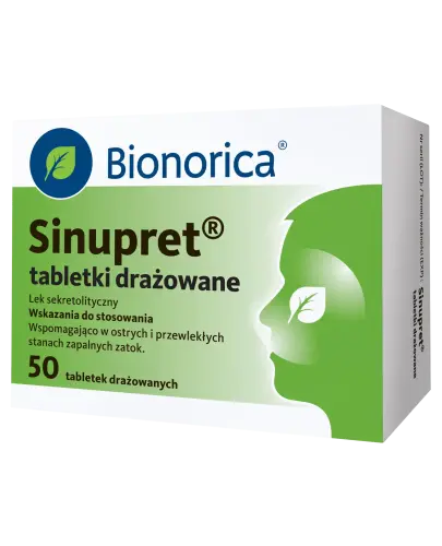 Sinupret, 50 tabletek drażowanych - Primulae flos + Rumicis herba + Verbenae officinalis herba + Gentianae radix + Sambuci flos, produkt ziołowy