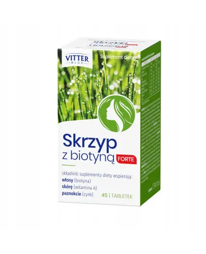 Skrzyp z Biotyną Forte Vitter Blue, 45 tabletek - Z biotyną, cynkiem oraz witaminą A, które mają korzystny wpływ na włosy, skórę i paznokcie