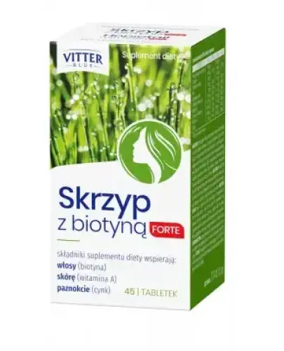 Skrzyp Z Biotyną Forte Vitter Blue z pilniczkiem,  45 tabletek - Suplement diety z biotyną, cynkiem oraz witaminą A, które mają korzystny wpływ na włosy, skórę i paznokcie.