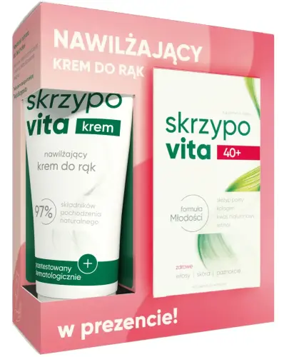 Skrzypovita 40+, 42 tabletki + Skrzypovita Nawilżający krem do rąk, 50 ml - Lśniące i gęste włosy, jędrna i nawilżona skóra, mocne paznokcie