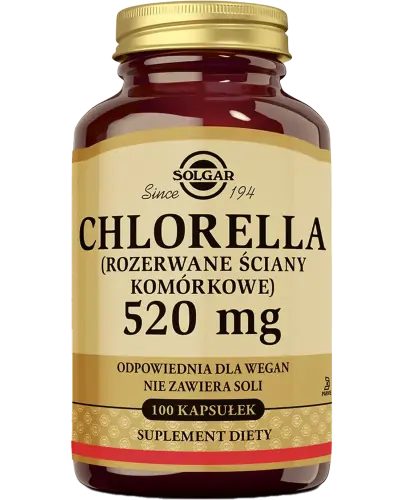 Solgar Chlorella (rozerwane ściany komórkowe) 520 mg, 100 kapsułek - Roślinne kapsułki z chlorellą, dla osób dorosłych